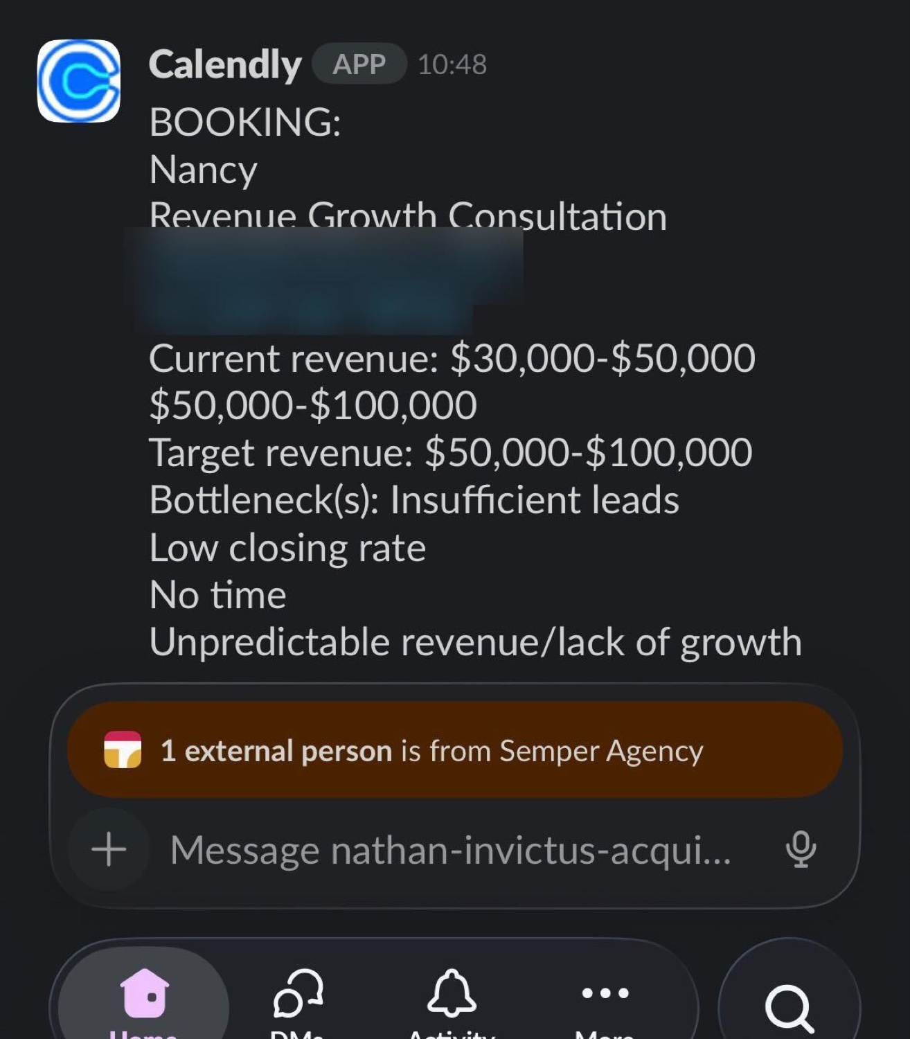 Calendly booking notification for a revenue growth consultation with revenue prequalified