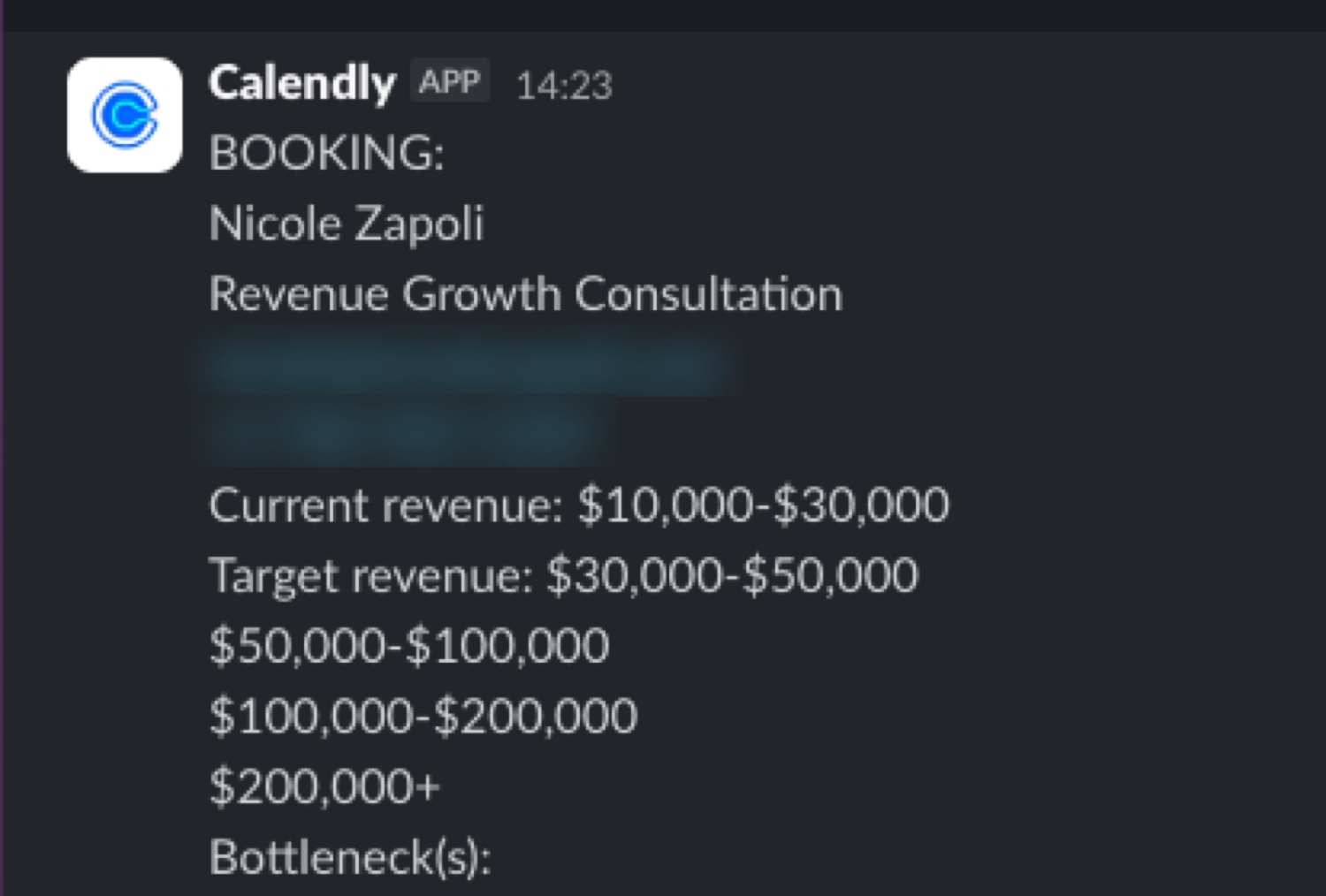 Calendly booking: revenue growth consultation, current revenue thirty to fifty thousand